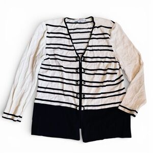 St, John Collection Women’s Sz 8 Ivory Navy Stripe Zip Cardigan Sweater Button